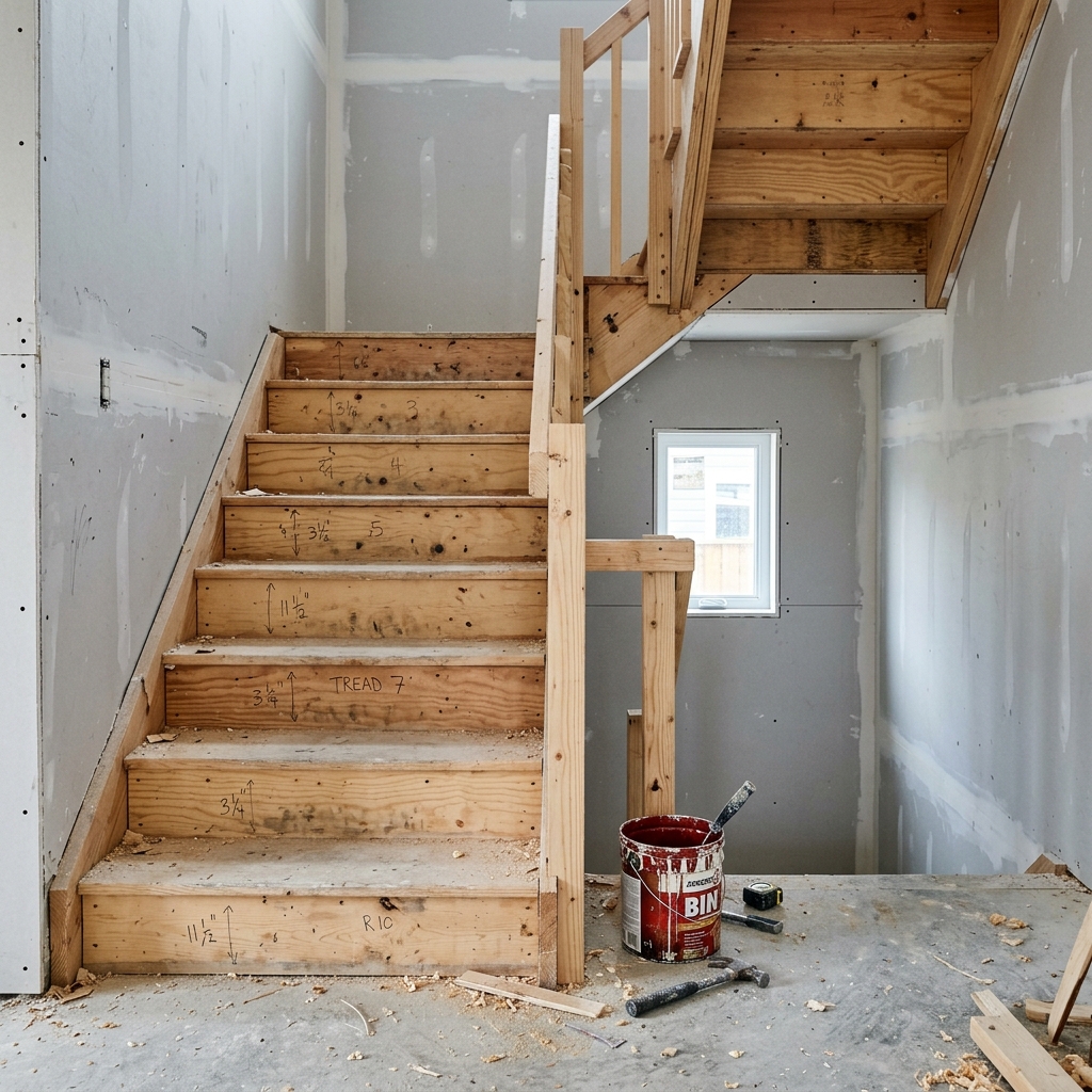 Dusty, unfinished staircase during construction