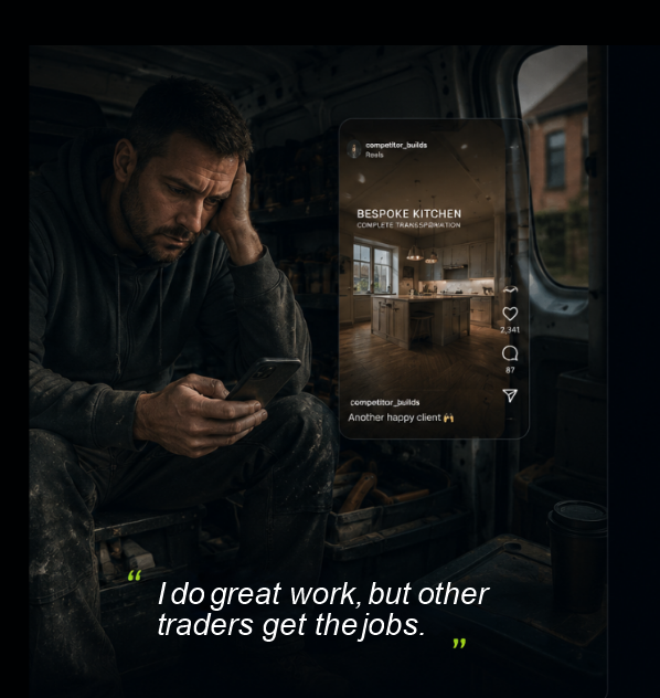 Builder looking frustrated while scrolling his phone in his van, showing competitive social media ad overlay and quote 'I do great work, but other traders get the jobs.' at the bottom