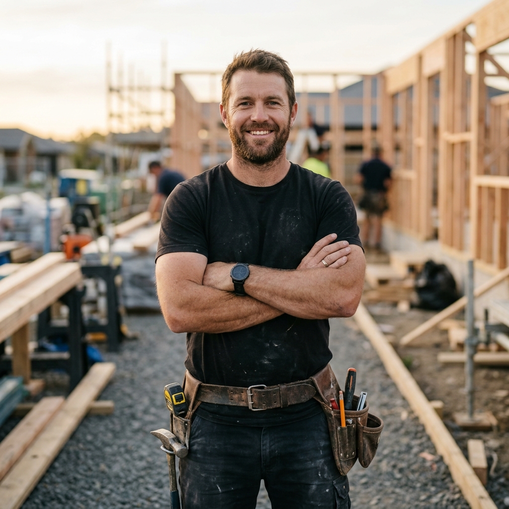 Confident, smiling builder standing with arms crossed